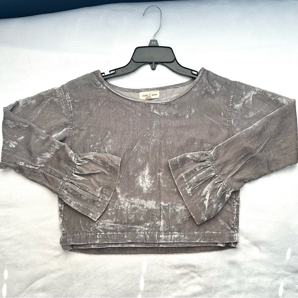 Cloth & Stone Cropped Gray Crushed Velvet Shirt Top Women’s XS Flare Long Sleeve